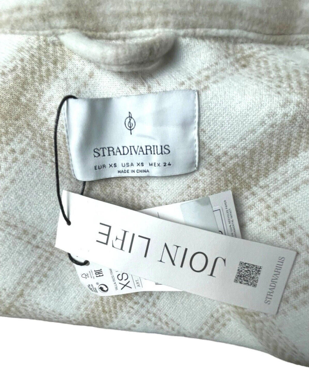 Stradivarius Beige Shirt Jacket Check Brushed Oversized Women’s UK Size XS