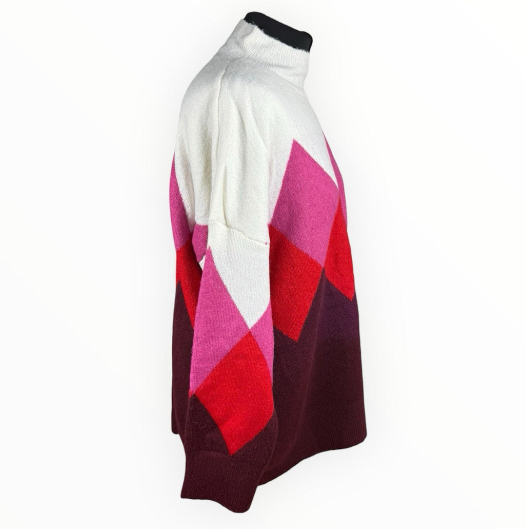 F&F Knit Jumper Women’s UK Size 18 High Neck Diamond Beige Red Pink