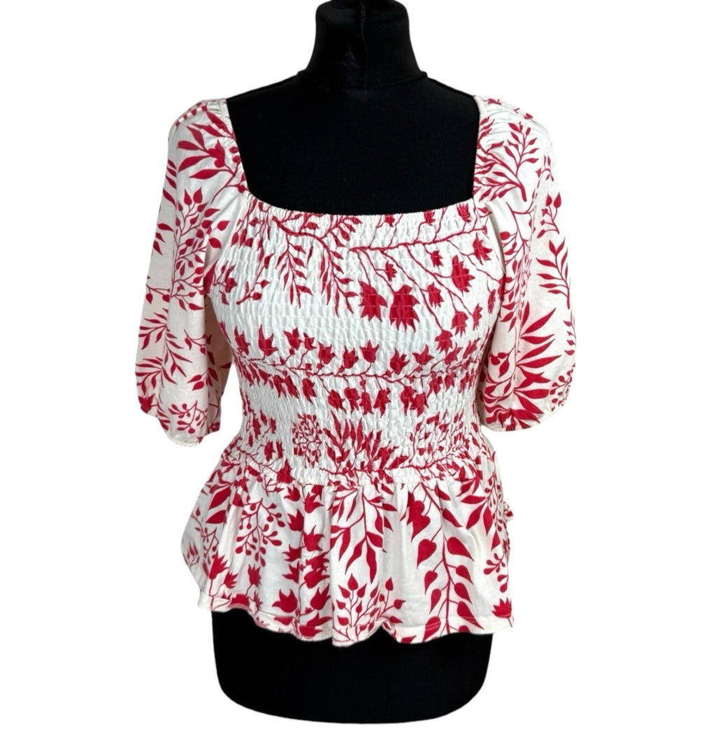 Peacocks Peplum Frill Top Women’s UK Size 10 Square Neck Bell Sleeve White Red