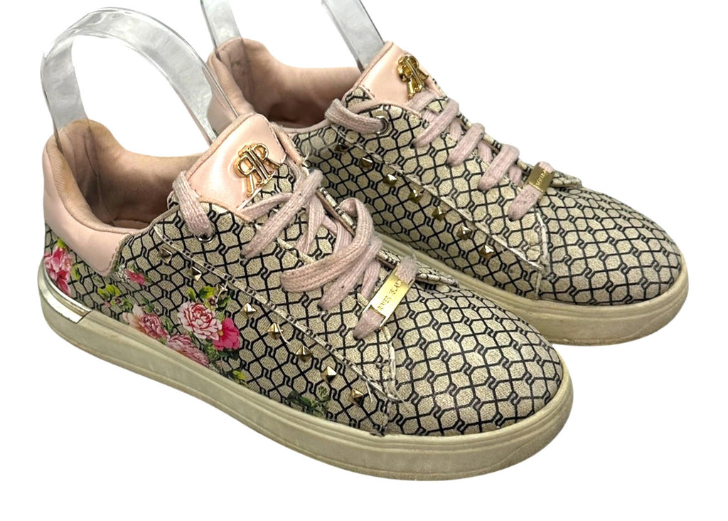 River Island Pumps Women's UK Size 1 Beige Floral Print Chrome Accents Lace Up