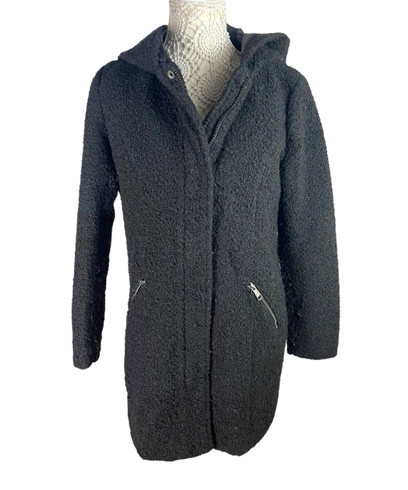 Primark Black Teddy Fleece Coat Mid Length Hooded Women’s UK Size 14