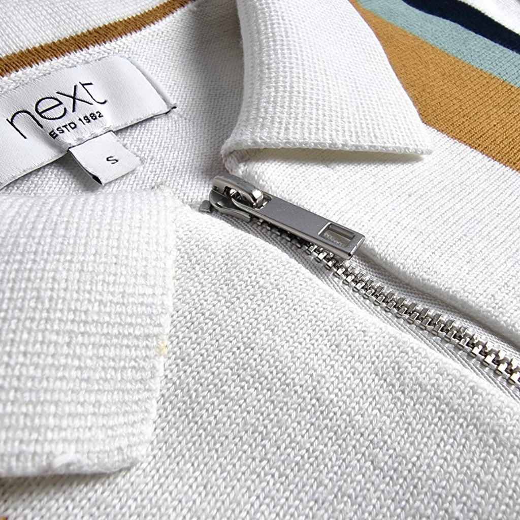 Next Knit Polo Shirt Men's UK Size S Striped Short Sleeve 100% Cotton 1/4 Zip