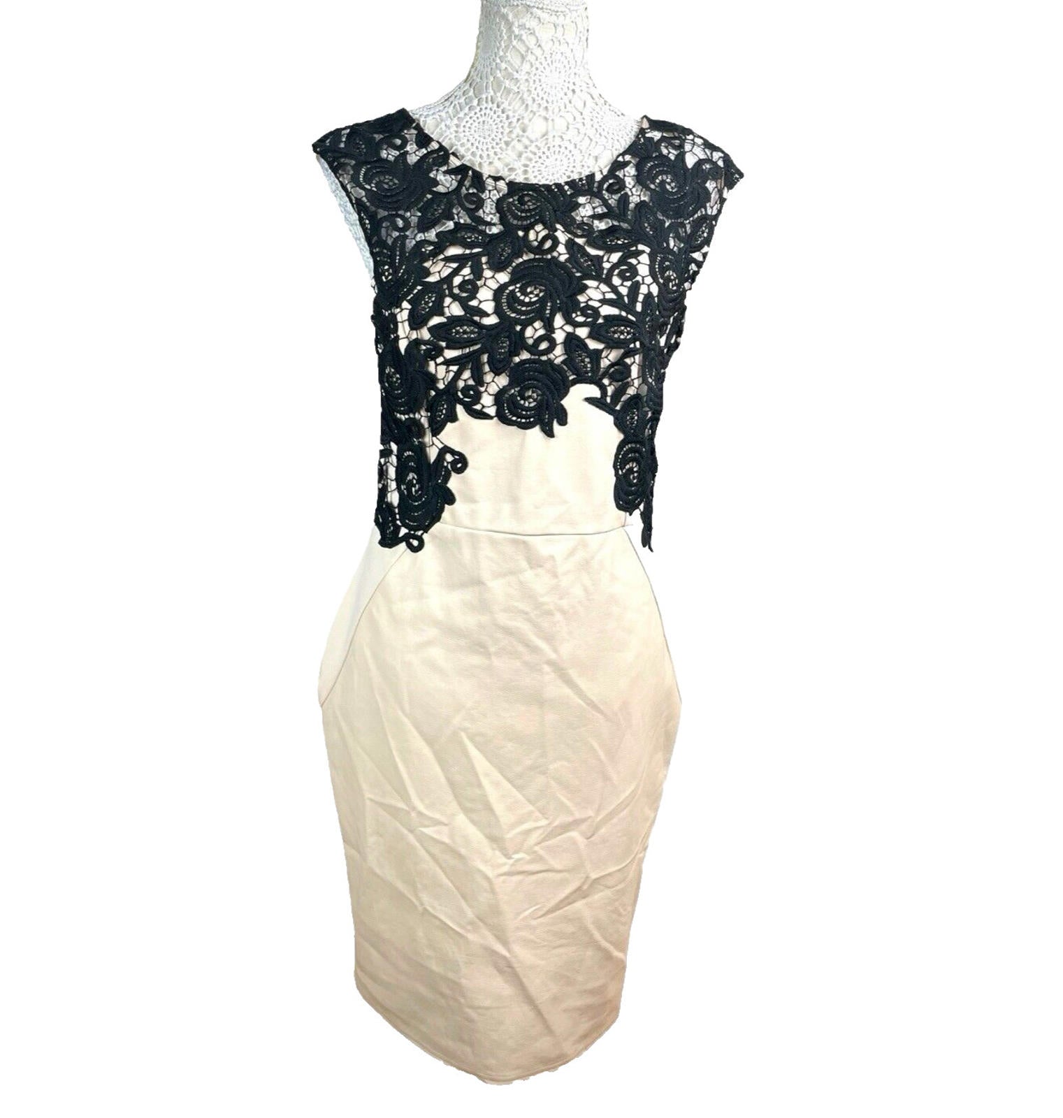 Lypsy Michelle Keegan Cream Midi Dress Women’s UK Size 14 PU Panel Lace Neck