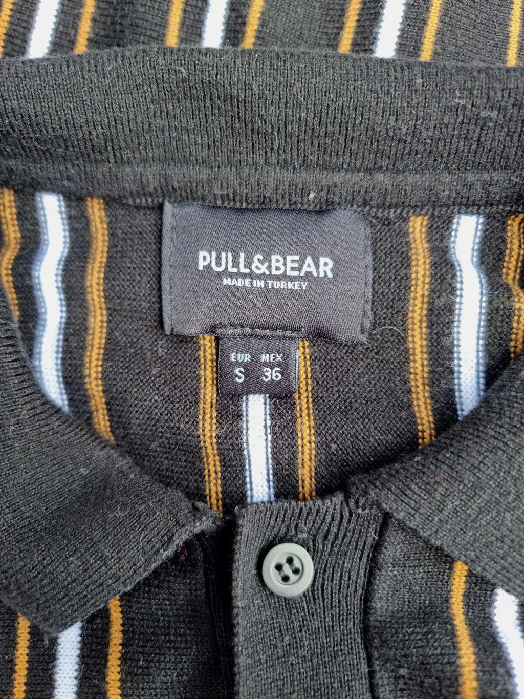 Pull & Bear Polo Shirt Men's UK Size S Black Knit Striped Jersey Tee Summer
