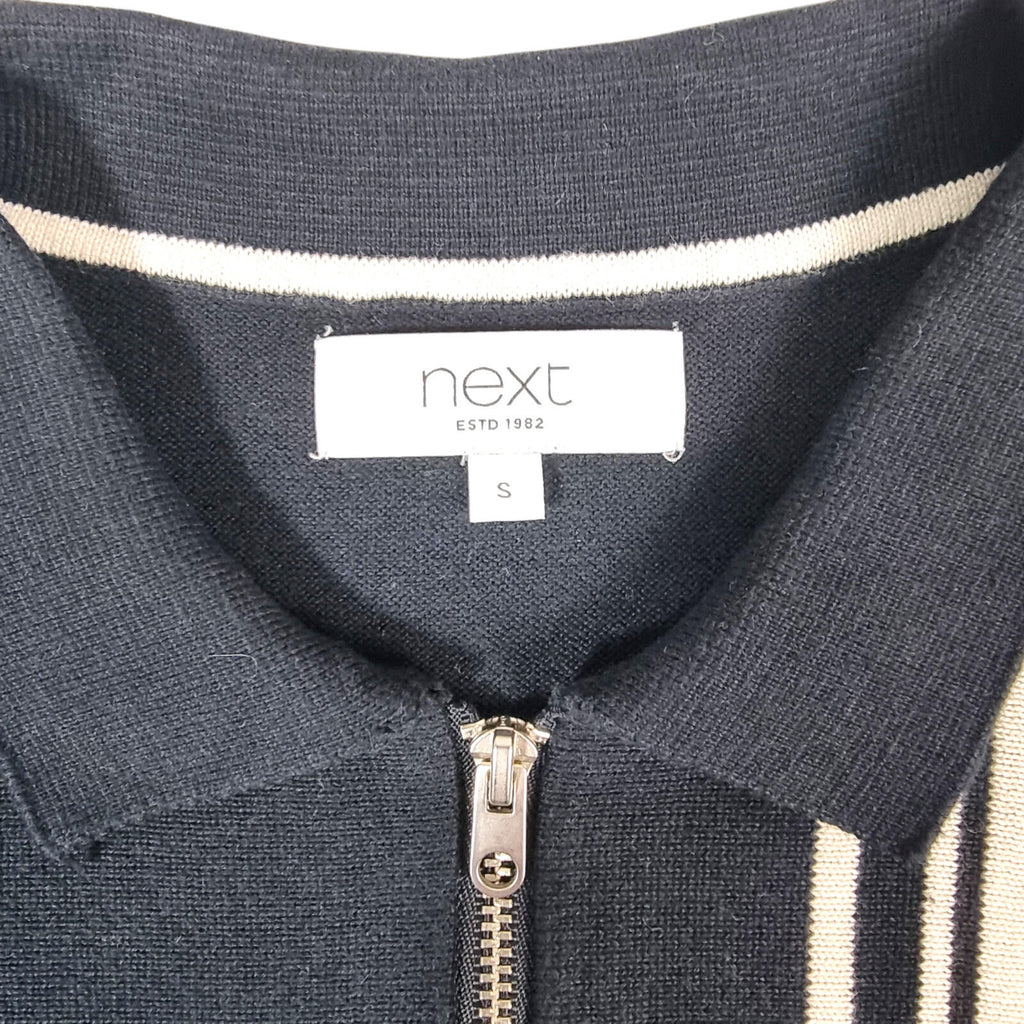 Next Knit Polo Shirt Men's UK Size S Navy Blue Stripe Short Sleeve 1/4 Zip