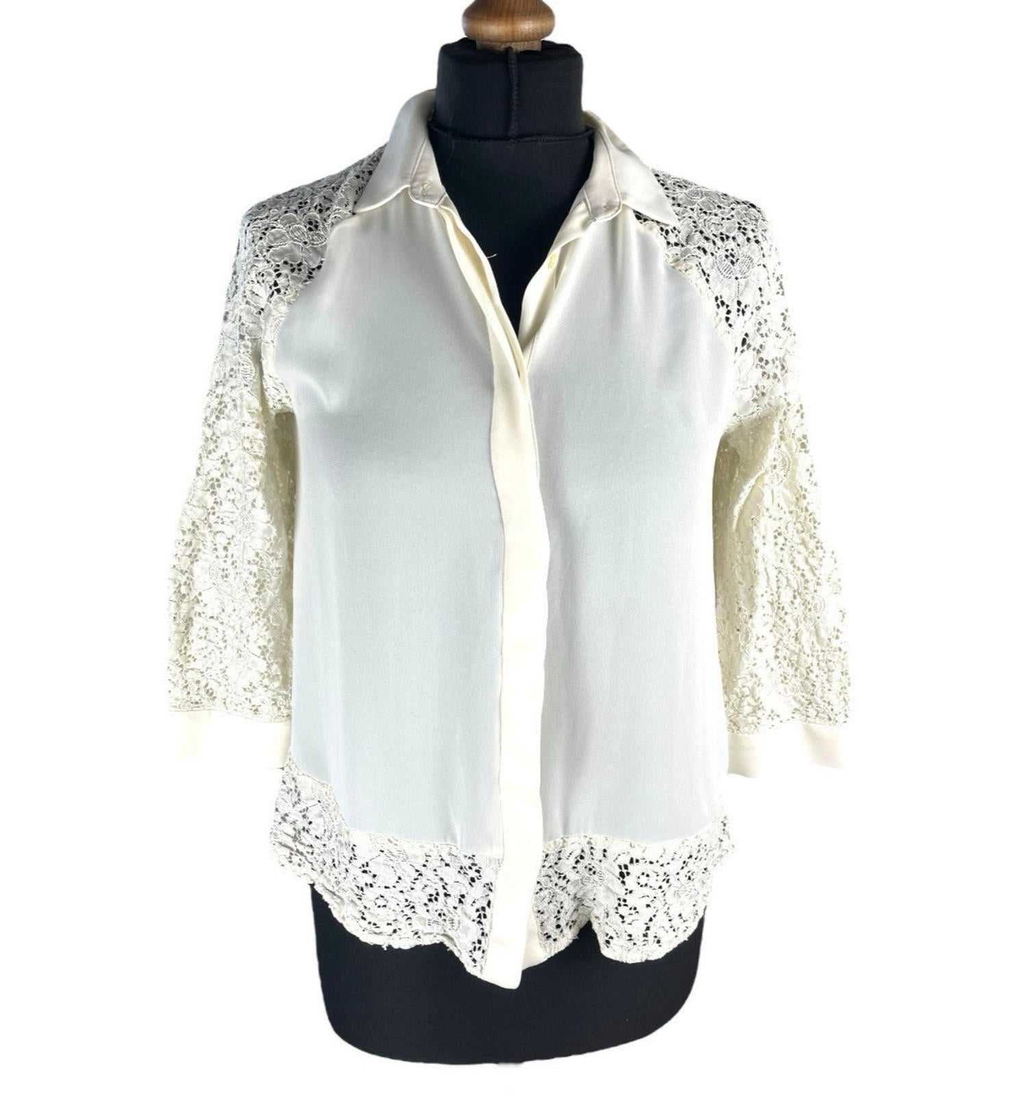 Zara Basic Ivory Blouse Lace Panels Women’s UK Size S