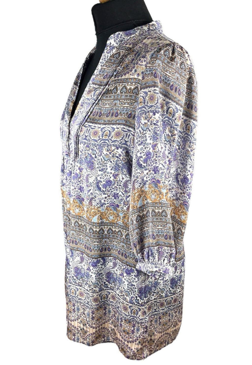 Wallis Satin Tunic Top Women’s UK Size 10 Paisley 3/4 Blouson Sleeves V-Neckline