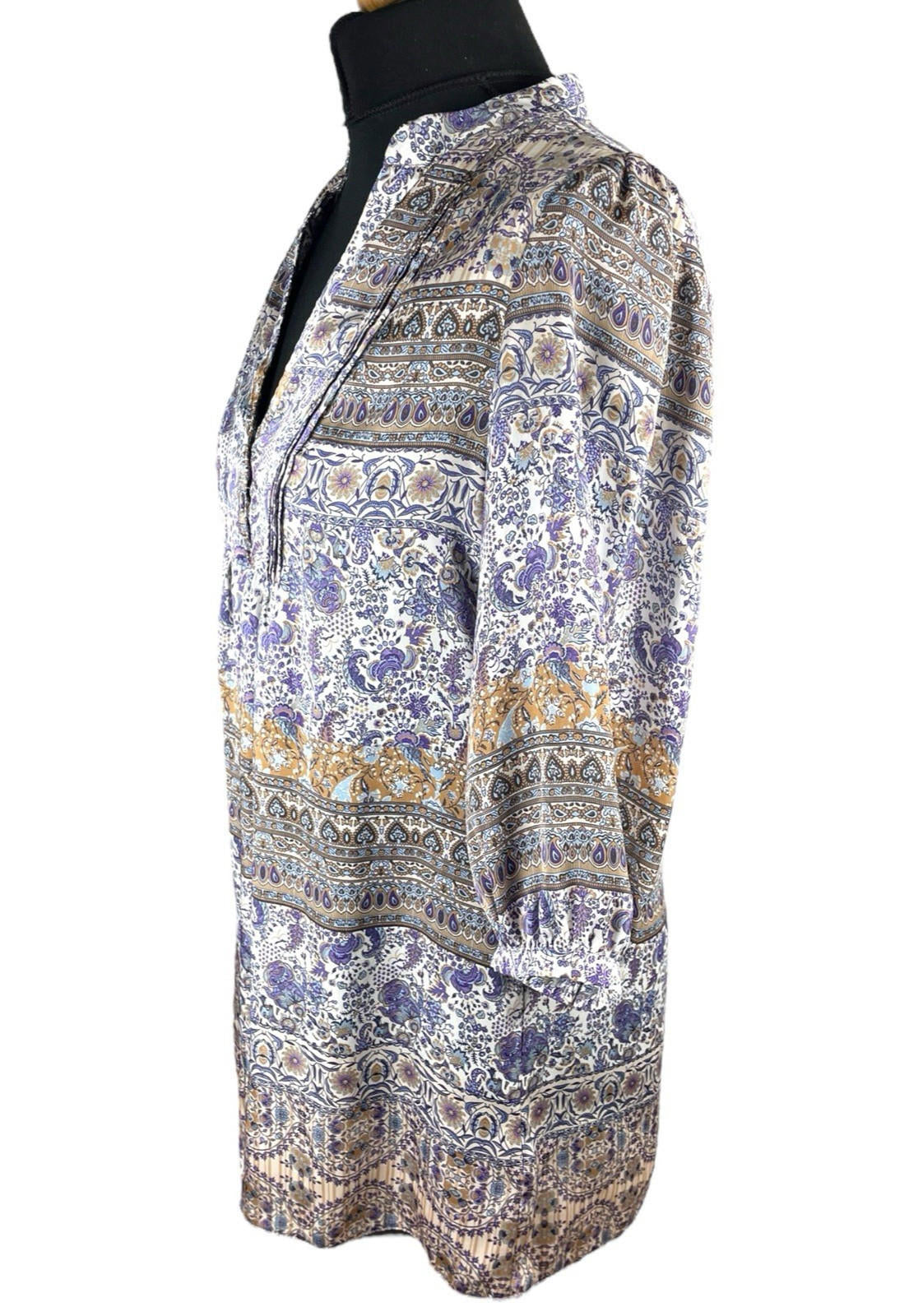 Wallis Satin Tunic Top Women’s UK Size 10 Paisley 3/4 Blouson Sleeves V-Neckline