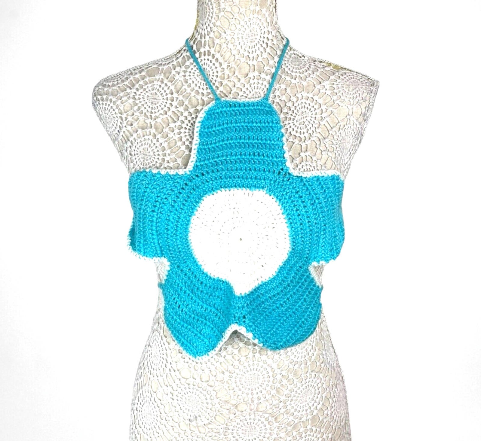Blue Knit Flower Crop Top Backless Women’s UK Size S