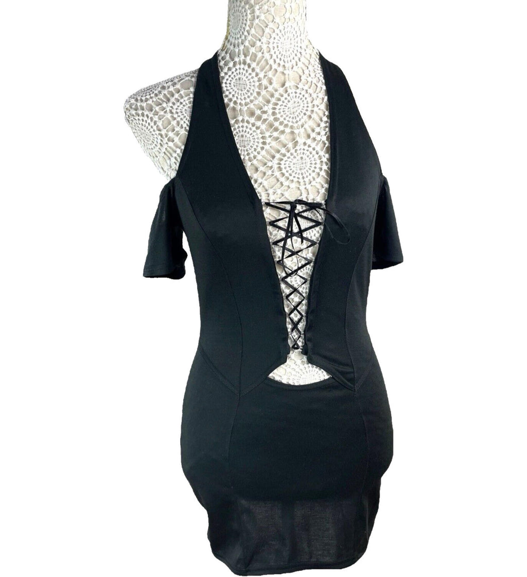 Black Halter Neck Mini Dress Lace Up Front Cold Shoulder Women’s UK Size 8