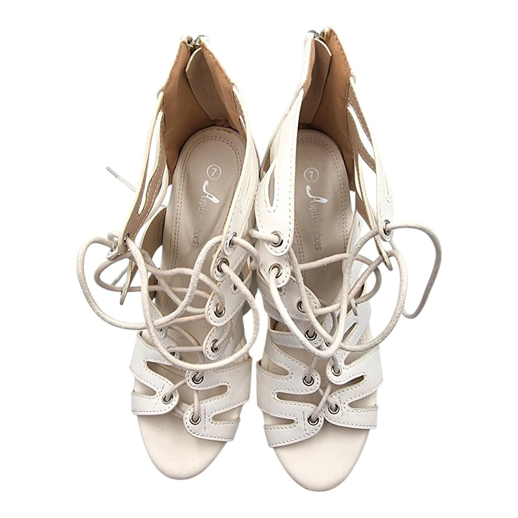 Aspirer Wedge Shoes Women's UK Size 7 Ankle Strap White Lace Up Faux Leather