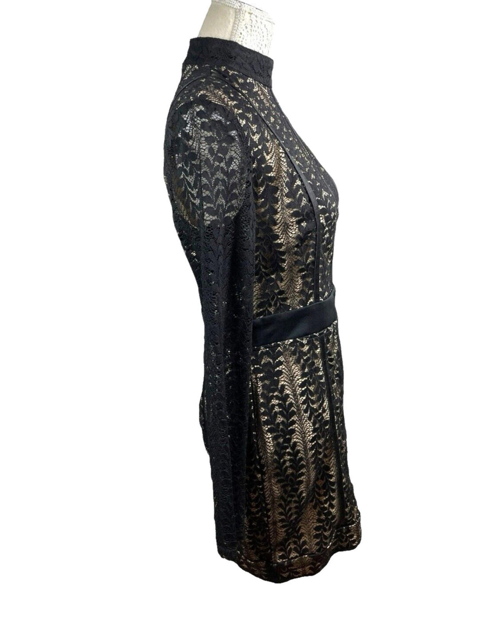 Pretty Little Thing Black Lace Mini Dress Long Sleeve Bodycon Women’s UK Size 12