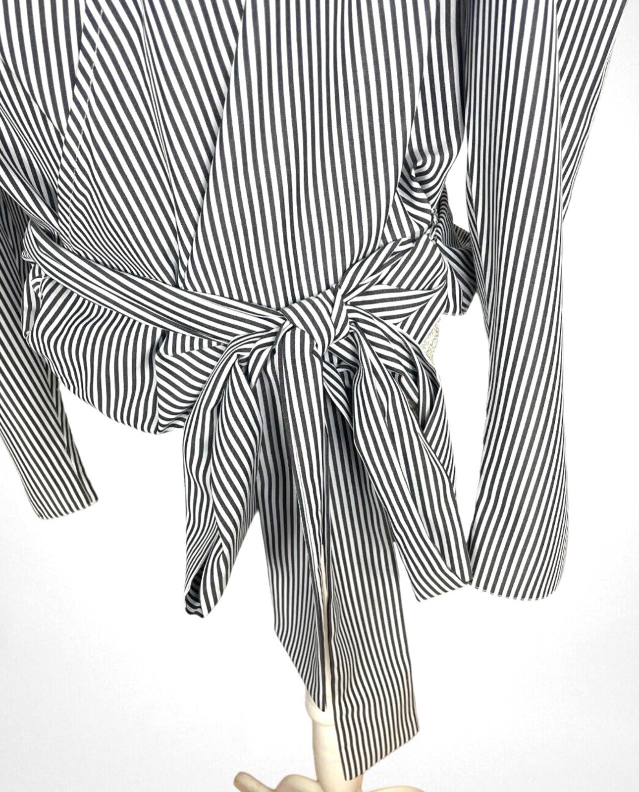 New Look Striped Wrap Shirt Blouse Top Women's UK Size 8 Puff Sleeve Waist Tie