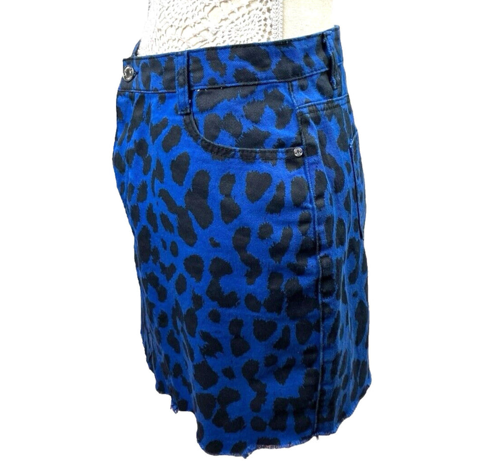 Denim Mini Skirt Women’s UK Size 12 Blue Leopard Print High Waist Pockets Y2K
