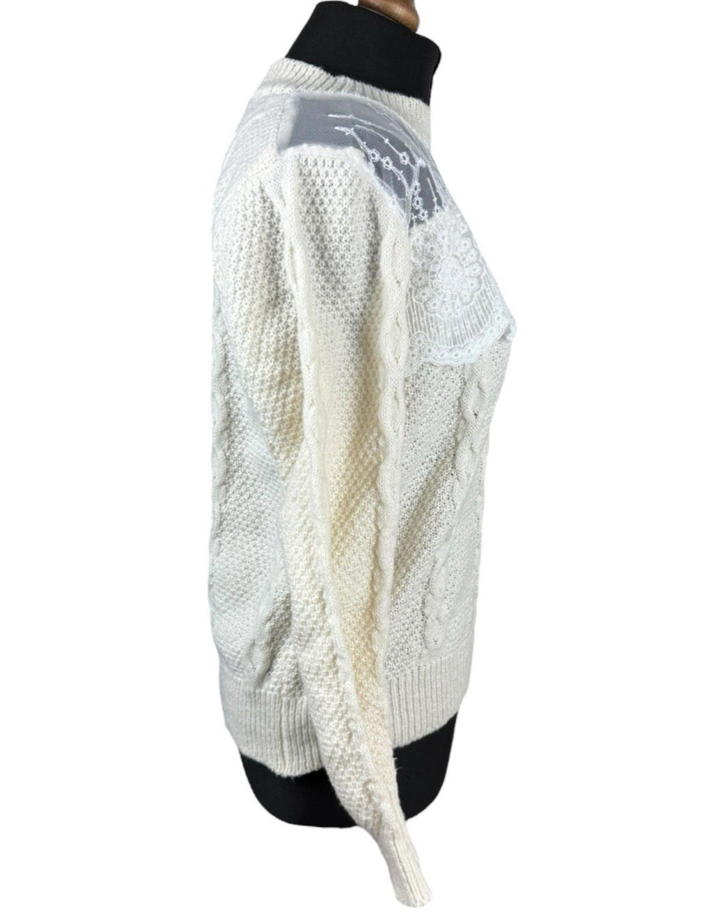 Shein Beige Knit Jumper White Lace Panel Long Sleeve Women’s UK Size L