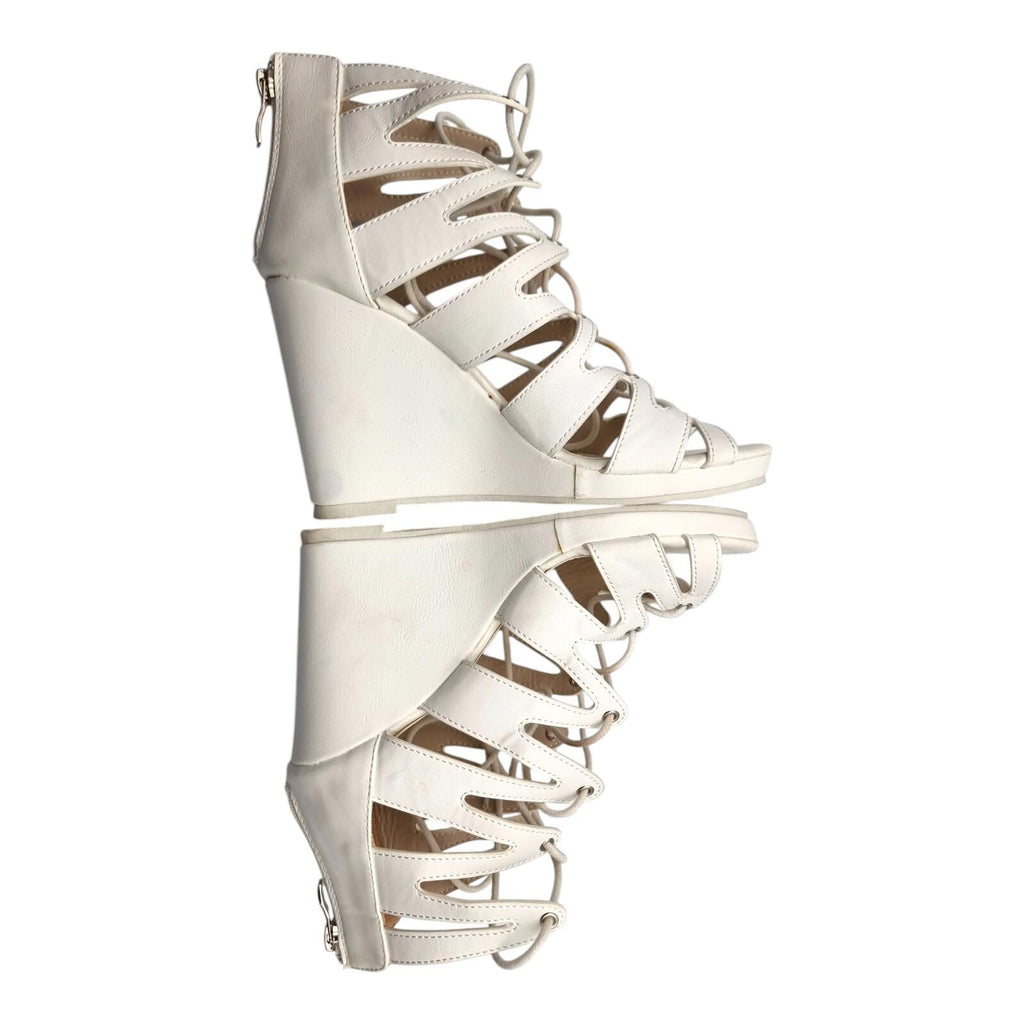 Aspirer Wedge Shoes Women's UK Size 7 Ankle Strap White Lace Up Faux Leather