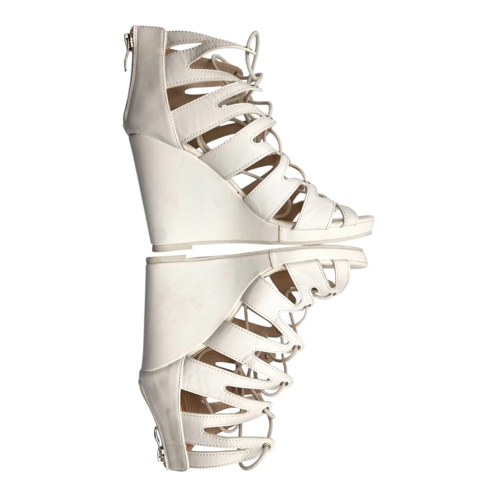 Aspirer Wedge Shoes Women's UK Size 7 Ankle Strap White Lace Up Faux Leather