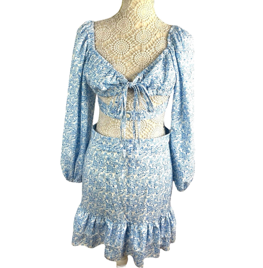 Boohoo Floral Skirt Co Ord Set High Waist Blue & White Women’s UK Size 10