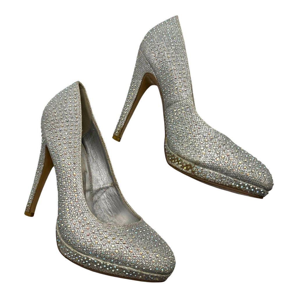 Truffle Silver Rhinestone Shoes Round Toe Stiletto Sparkle Women’s UK Size 6