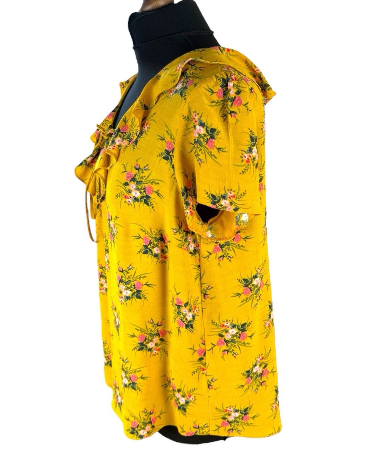 Dorothy Perkins Floral Blouse Women’s UK Size 14 Yellow Ruffle Collar Tie Neck