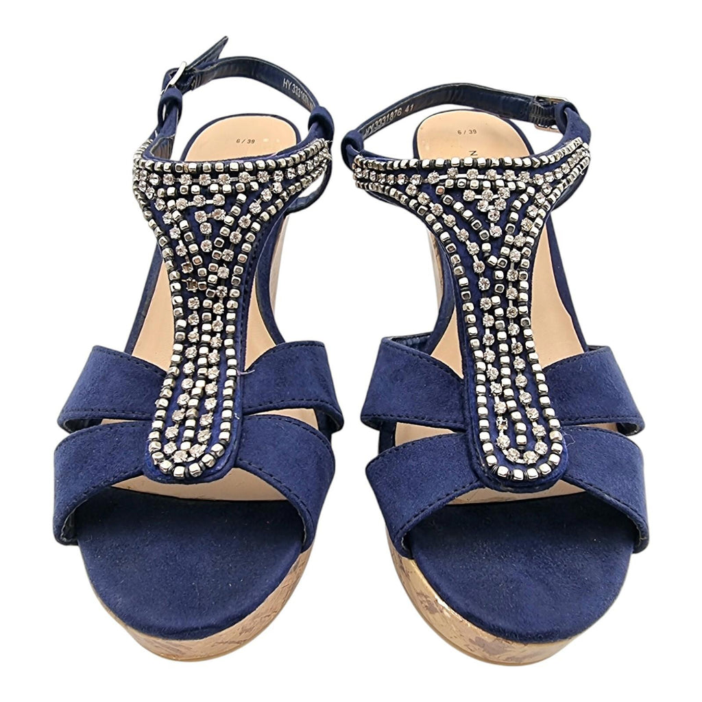 New Look Blue Suedette Wedge Sandals Embelished Straps Women's UK Size 6
