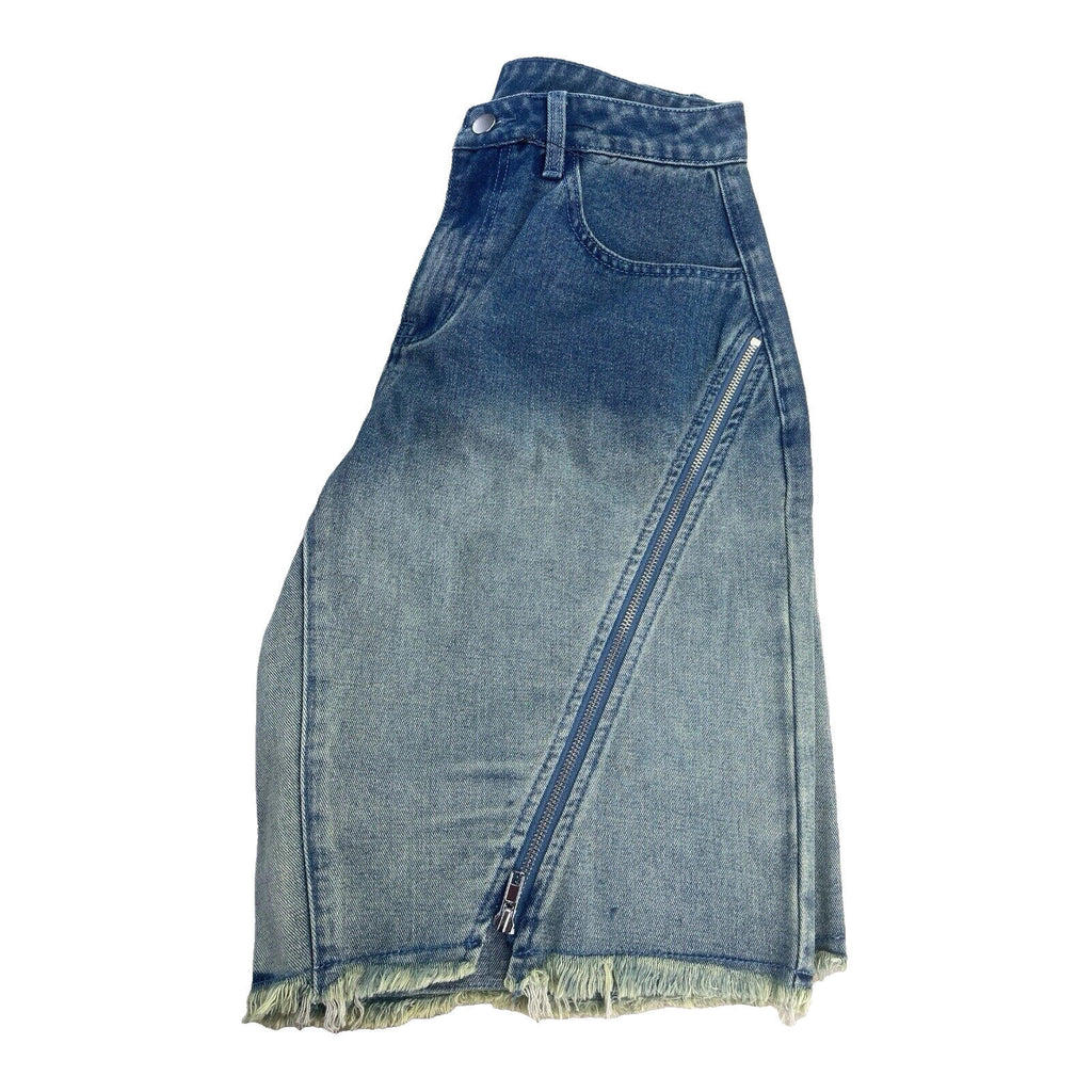 Long Denim Shorts Zipped Front Design Faded Denim Women’s UK 8