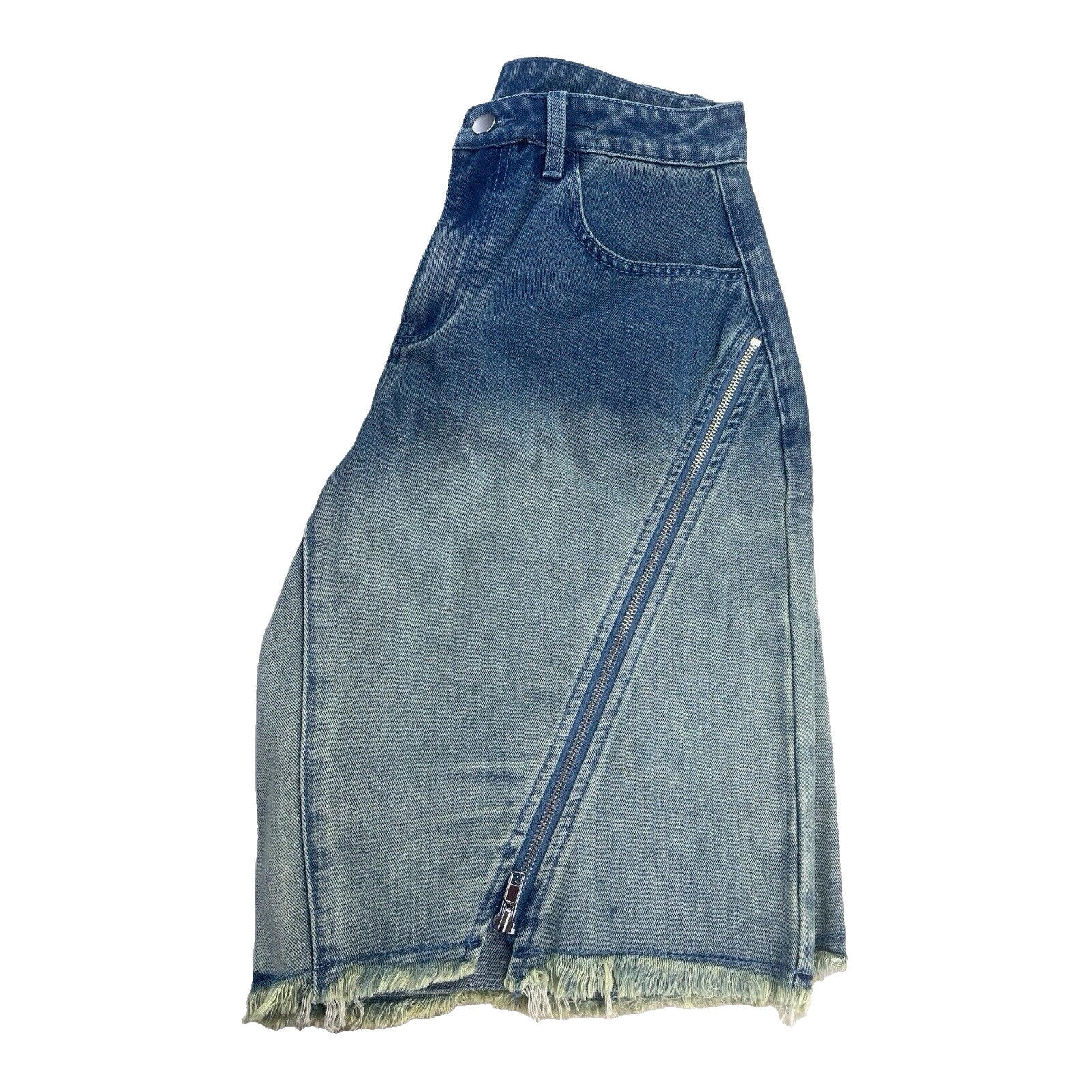 Long Denim Shorts Zipped Front Design Faded Denim Women’s UK 8