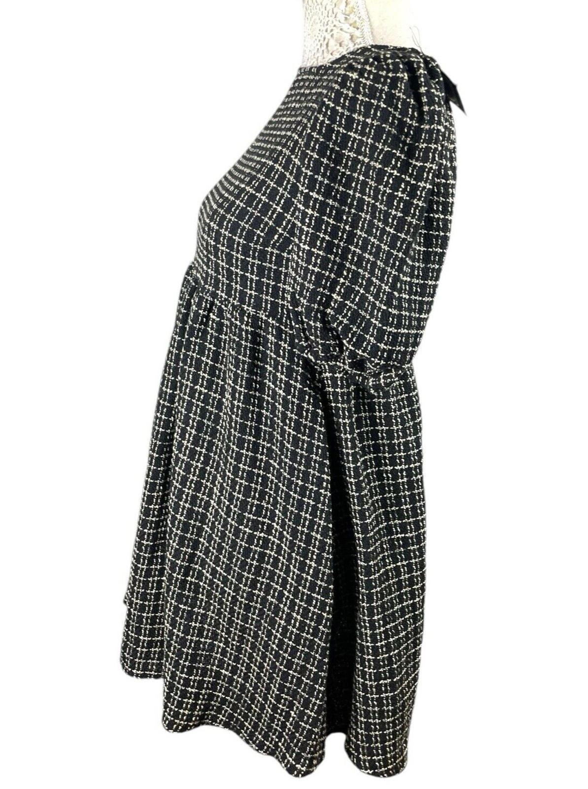 New Look Smock Dress Women's UK Size 6 Black Check Midi Short Puff Sleeve PETITE