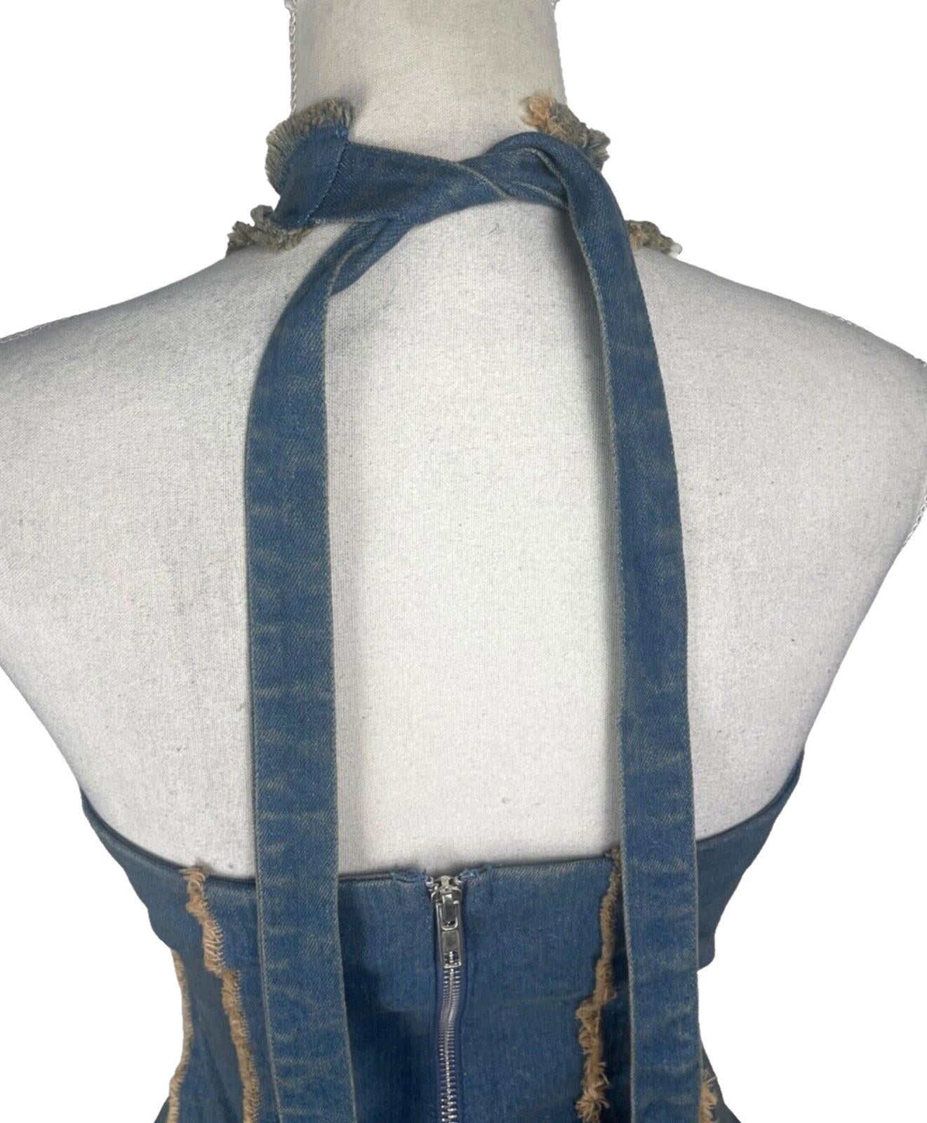 Denim Dress irregular Stretch Halterneck Tapered Seems Women's UK Size 8