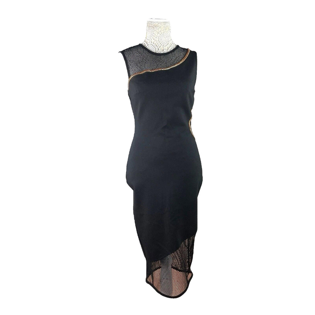River Island Black Midi Dress Fishnet Panels Gold Studded Women’s UK Size 12