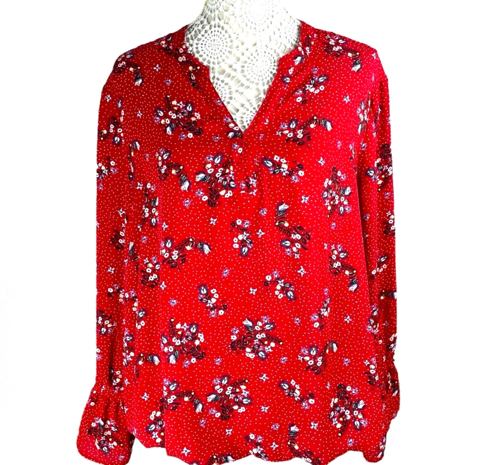 Kiabi Shirt Blouse Red Floral Long Sleeve Women’s UK Size L