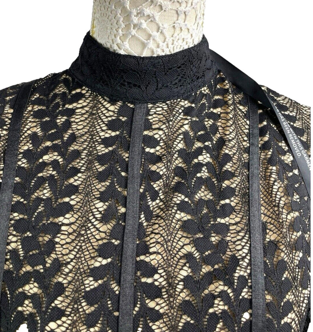 Pretty Little Thing Black Lace Mini Dress Long Sleeve Bodycon Women’s UK Size 12
