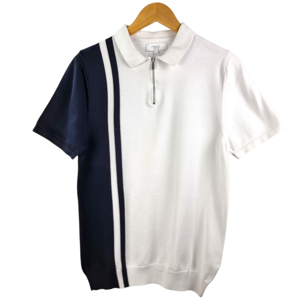 Next Knit Polo Shirt Men's UK Size S White Blue 1/4 Zip Short Sleeve 100% Cotton