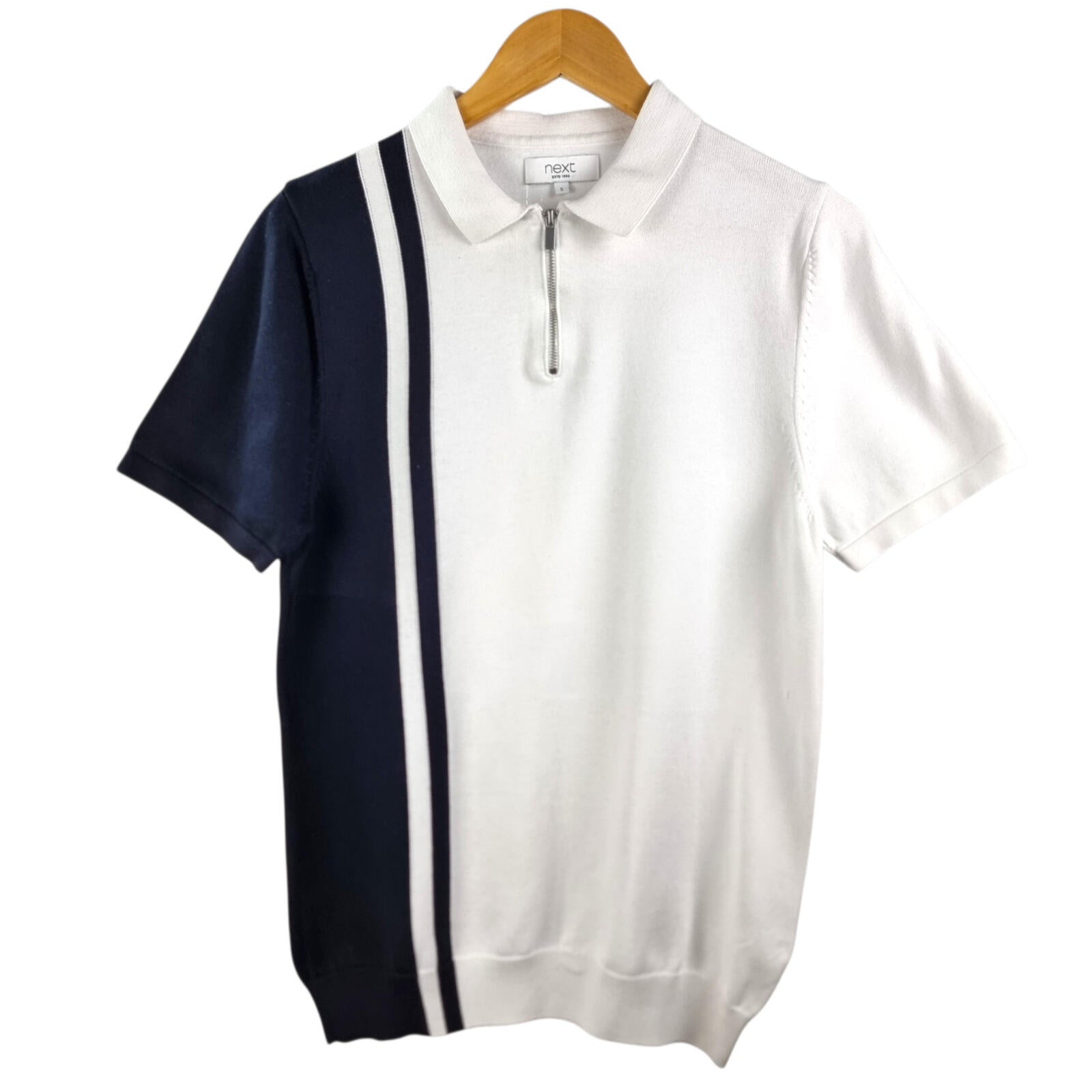 Next Knit Polo Shirt Men's UK Size S White Blue 1/4 Zip Short Sleeve 100% Cotton