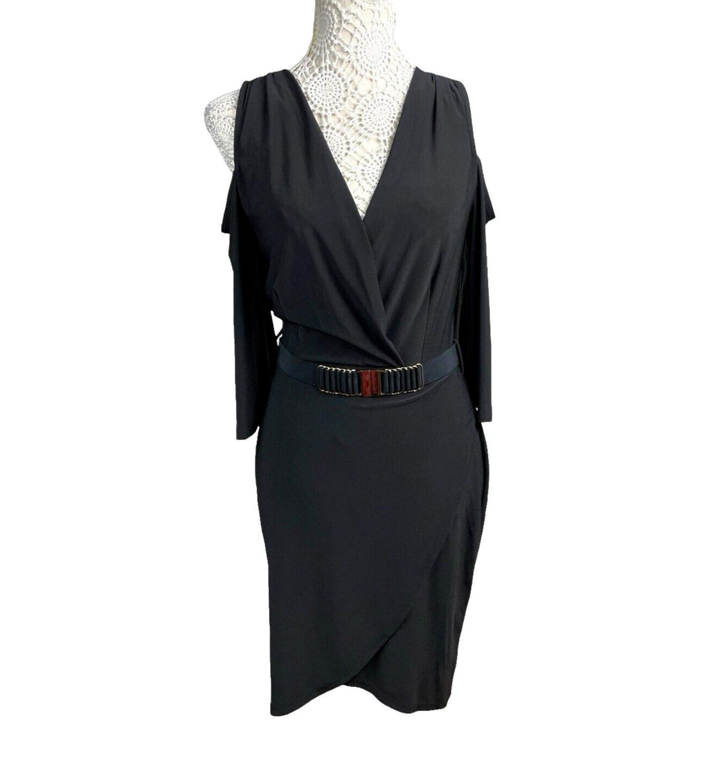 River Island Black Midi Dress Belted Cold Shoulder Sleeve Women’s UK Size 12