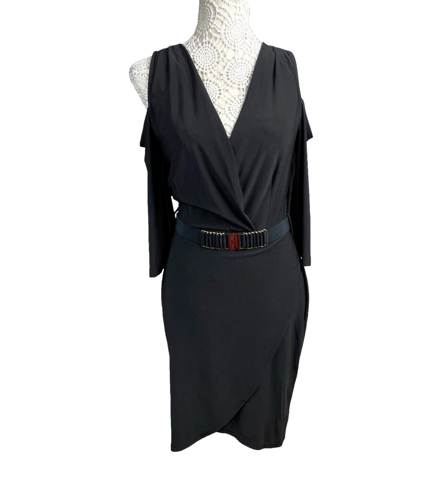 River Island Black Midi Dress Belted Cold Shoulder Sleeve Women’s UK Size 12