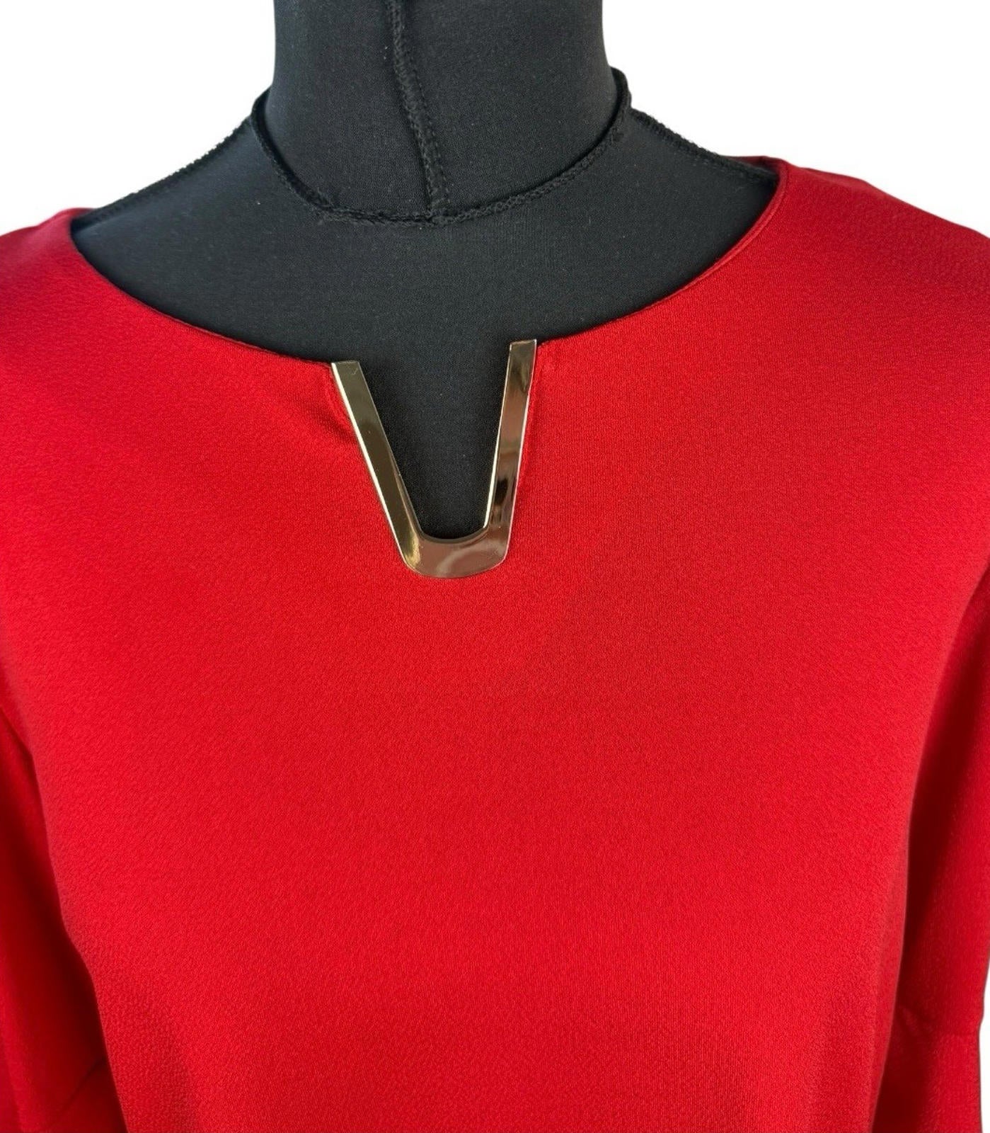 Klass Bright Red Blouse 3/4 Sleeve Gold Buckle Detail Women’s UK Size M