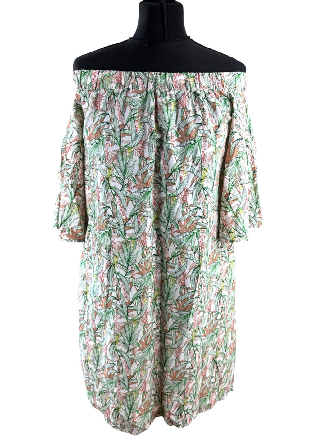 H&M Off Shoulder Mini Dress Women’s UK Size 8 Flare Sleeve Tropical Leaf Print