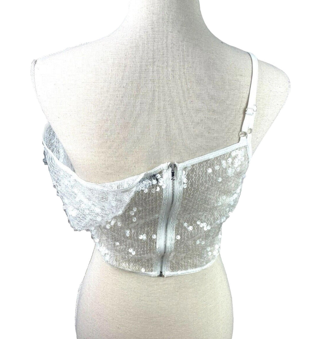 Pretty Little Thing Sheer Sequin One Sleeve Corset Top Women’s UK Size 8 Cropped