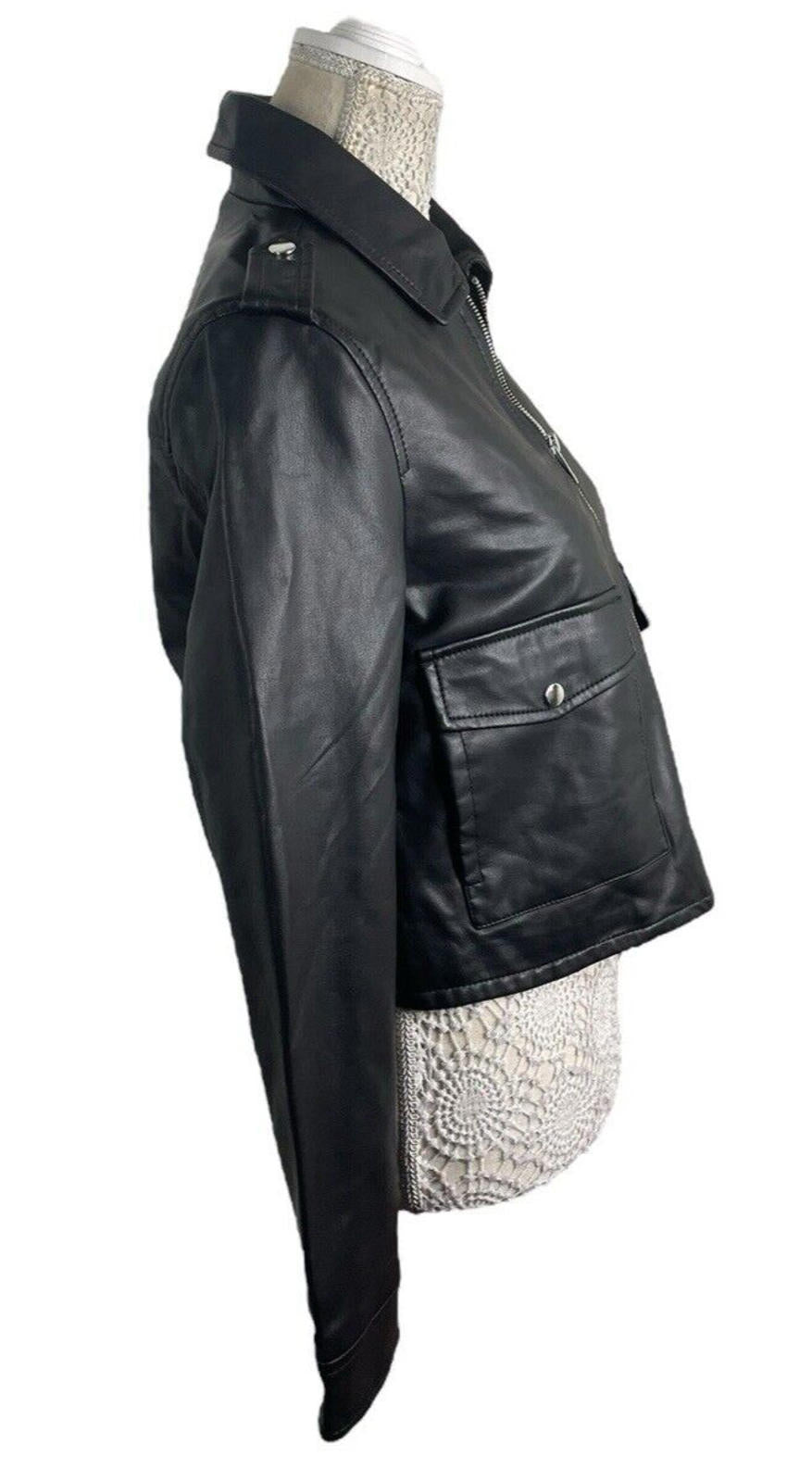 Stradivarius Black Faux Leather Jacket Mid Length Women’s UK Size S