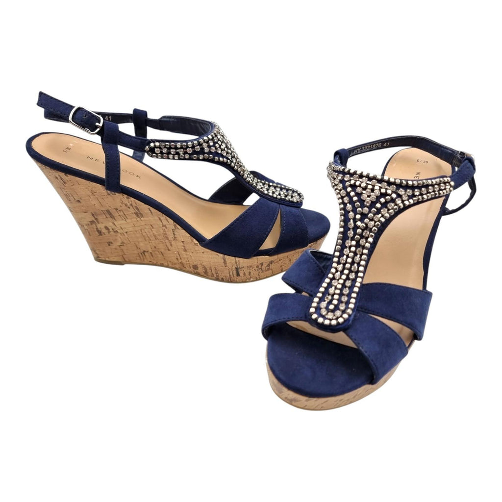 New Look Blue Suedette Wedge Sandals Embelished Straps Women's UK Size 6