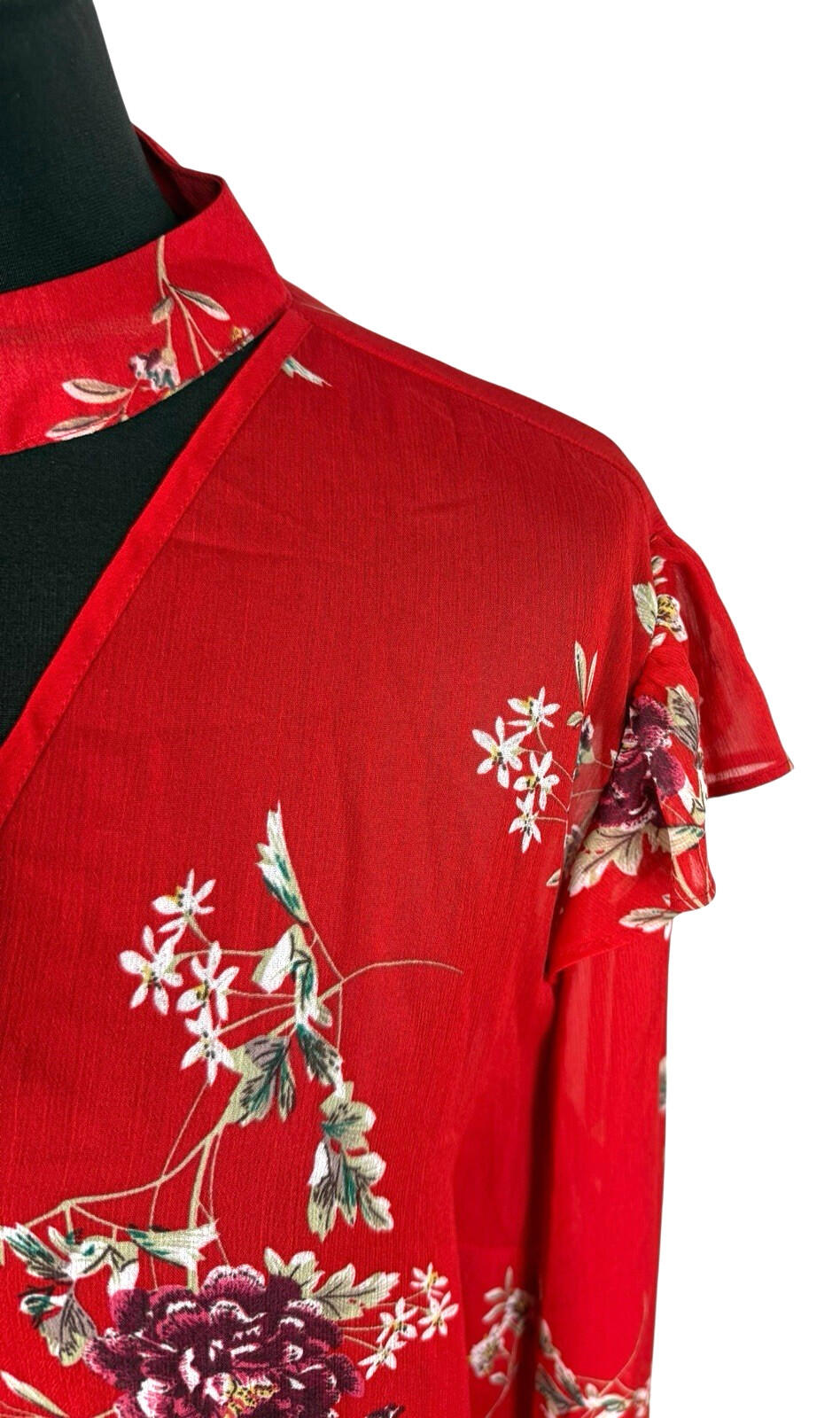 Primark Floral Blouse Women’s UK Size 14 Long Sleeve Ruffled Cuffs Choker Neck