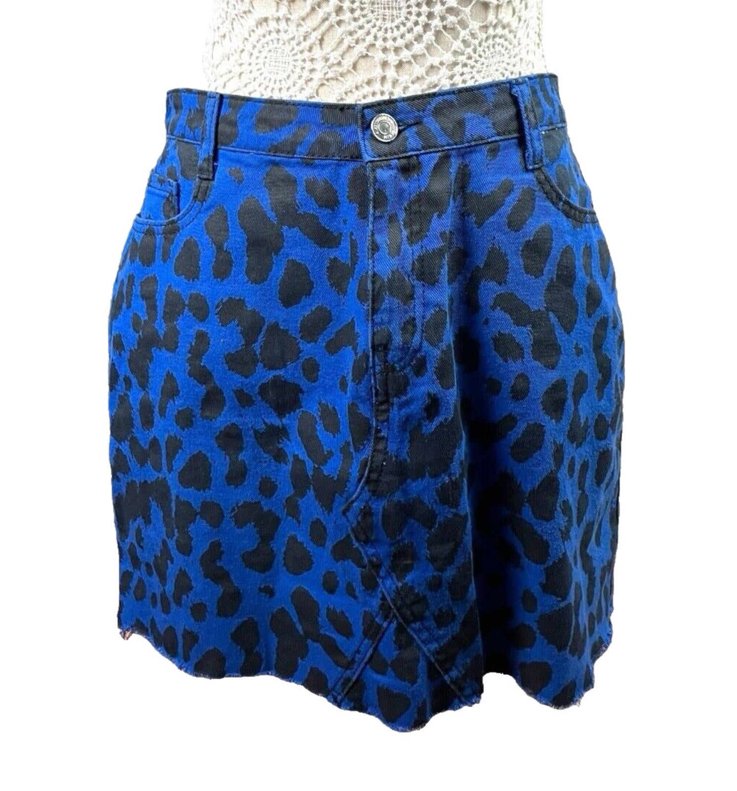 Denim Mini Skirt Women’s UK Size 12 Blue Leopard Print High Waist Pockets Y2K