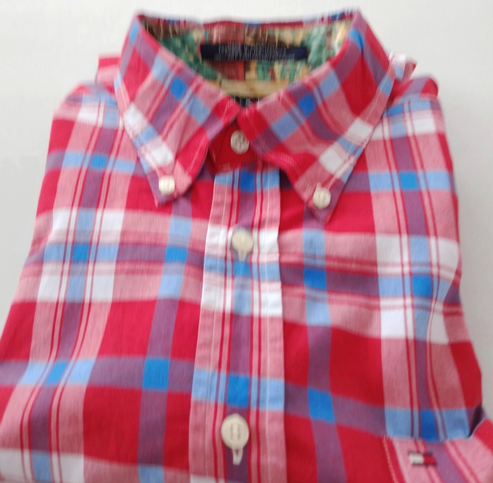 Tommy Hilfiger Shirt Men's UK Size L Red Check Short Sleeve Pockets 100% Cotton