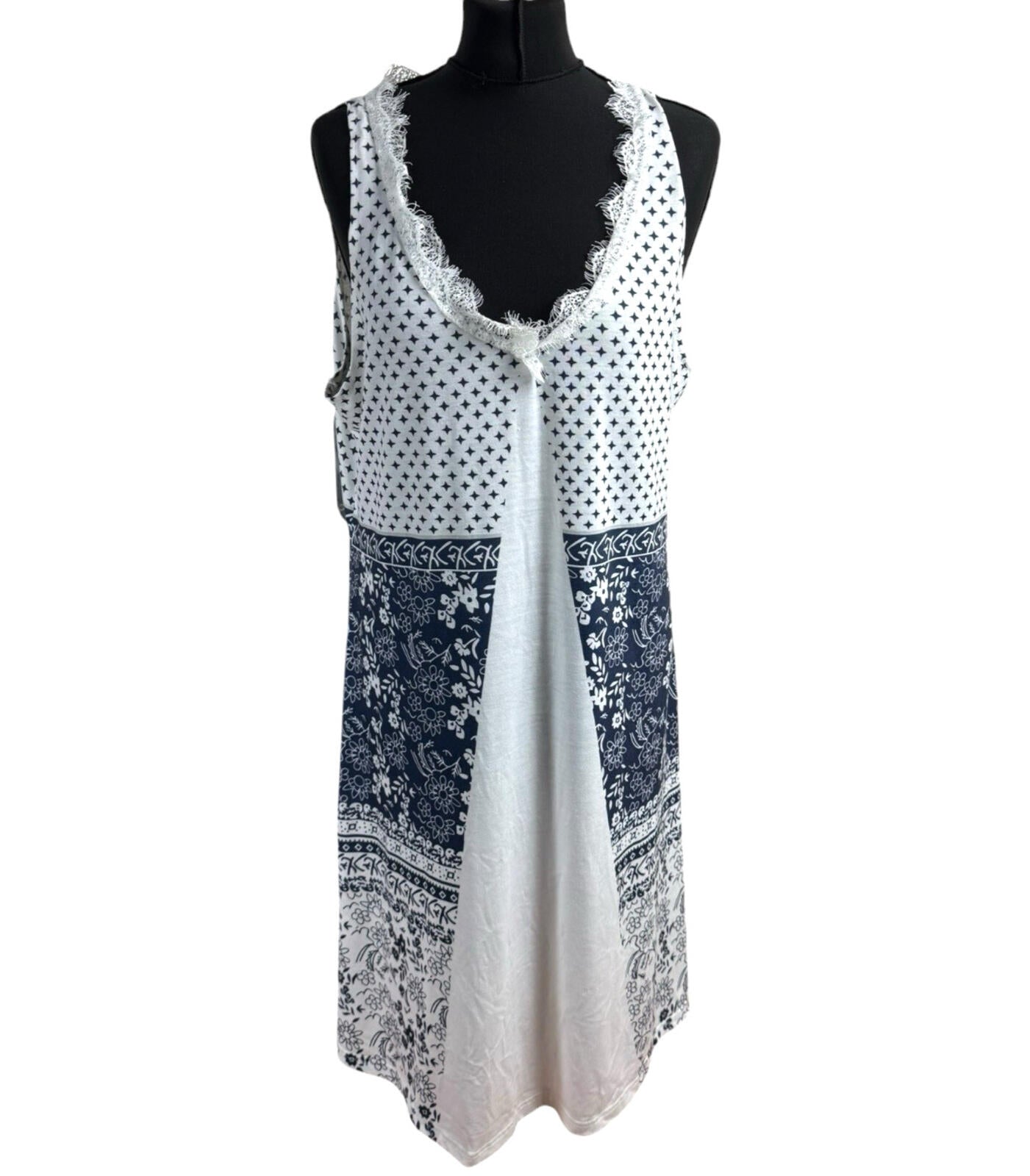Lightweight Tank Dress Women’s UK Size 2XL Lave Neck White Navy Pattern