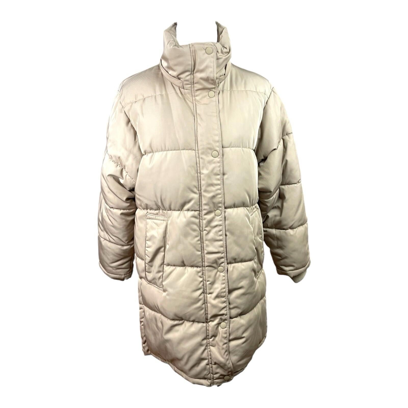 Pull & Bear Puffer Jacket Women's UK Size XS Beige Relaxed Fit Removable Hood