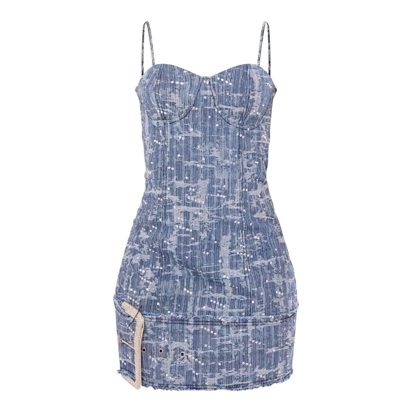 Pretty Little Thing Textured Denim Dress Diamante Buckle Women’s UK Size 8