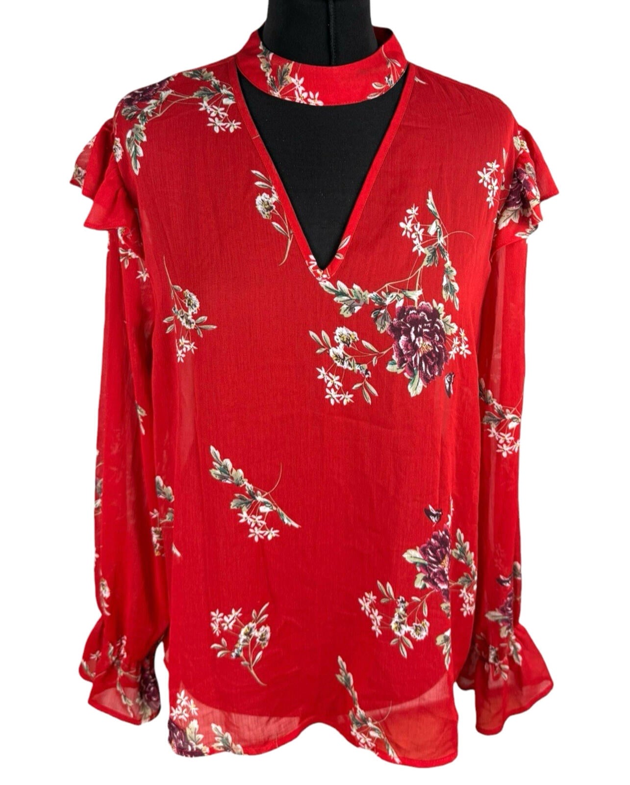 Primark Floral Blouse Women’s UK Size 14 Long Sleeve Ruffled Cuffs Choker Neck
