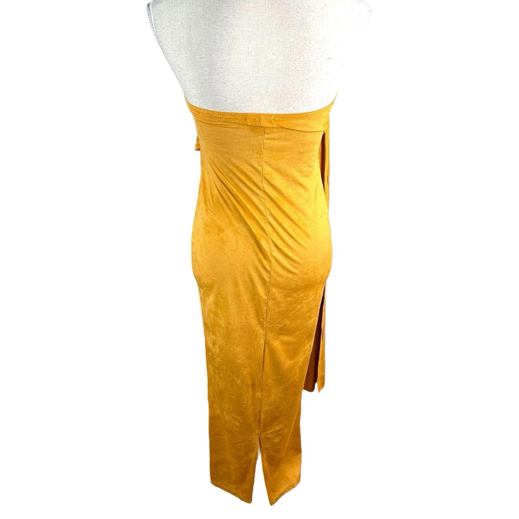 Strapless Drape Maxi Dress Women’s UK Size 8 Mustard Yellow Velour Occasion
