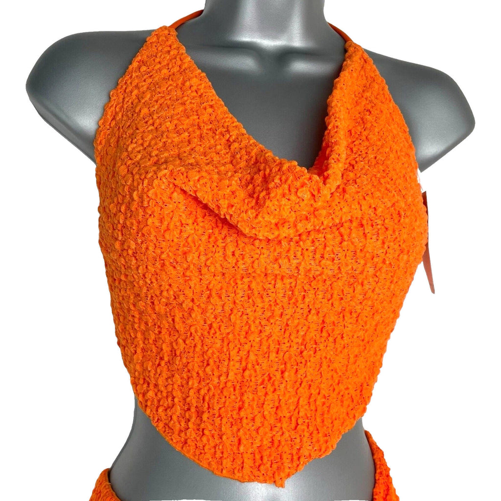 Bershka Bright Orange Textured Co Ord Set Women’s UK Size XS Crop Top & Skirt